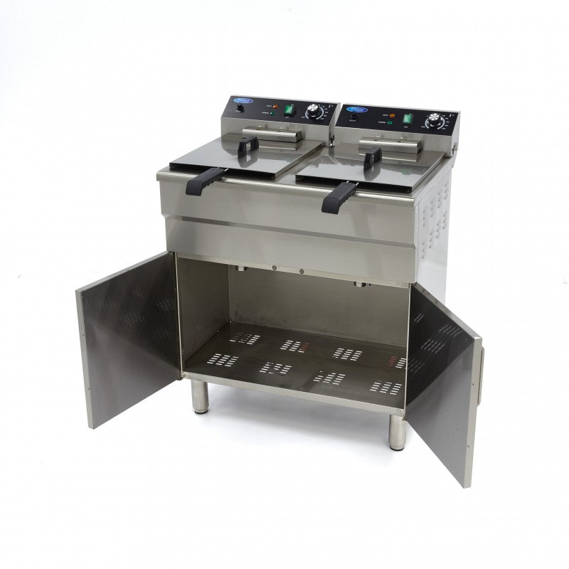 Deep Fryer - 2 x 16L - 2 Baskets - with Drain Tap and Stand