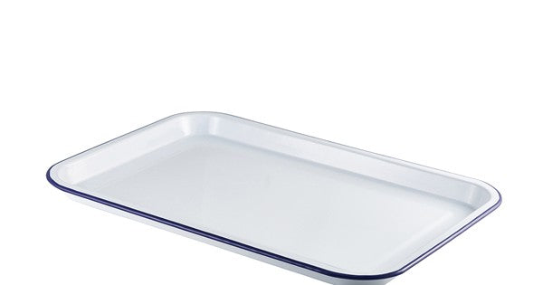 Enamel Serving Tray White with Blue Rim 33.5x23.5x2.2cm