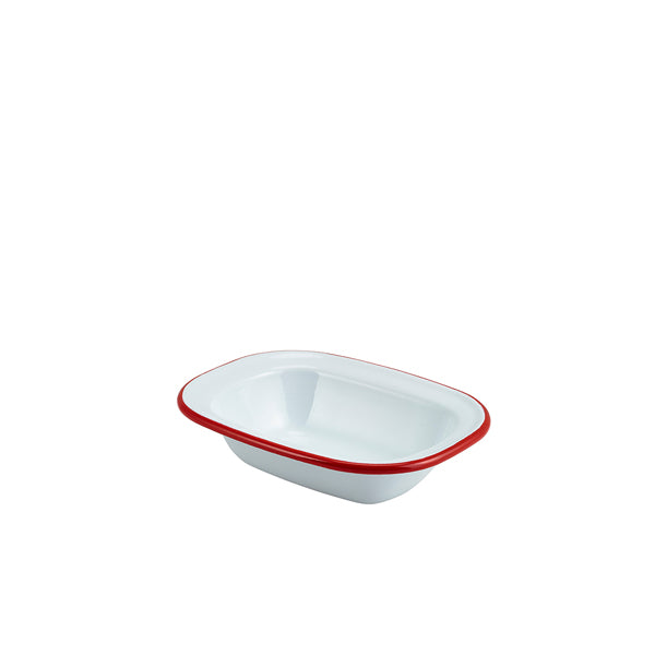 Enamel Rect. Pie Dish White with Red Rim 16cm