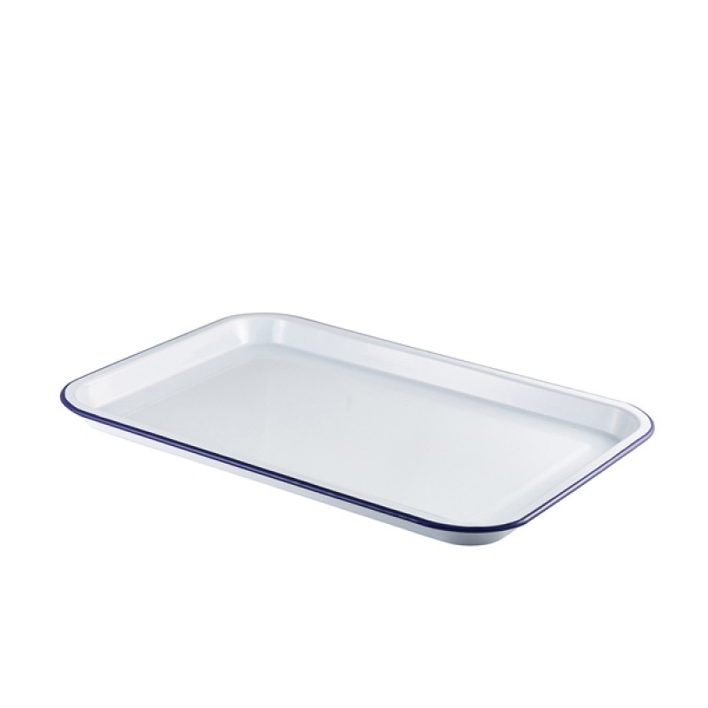 Enamel Serving Tray White with Blue Rim 33.5x23.5x2.2cm Enamel Serving Tray White with Blue Rim 33.5x23.5x2.2cm