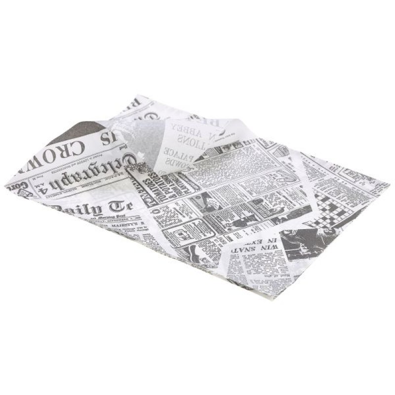Greaseproof Paper White Newspaper Print 25 x 35cm Greaseproof Paper White Newspaper Print 25 x 35cm